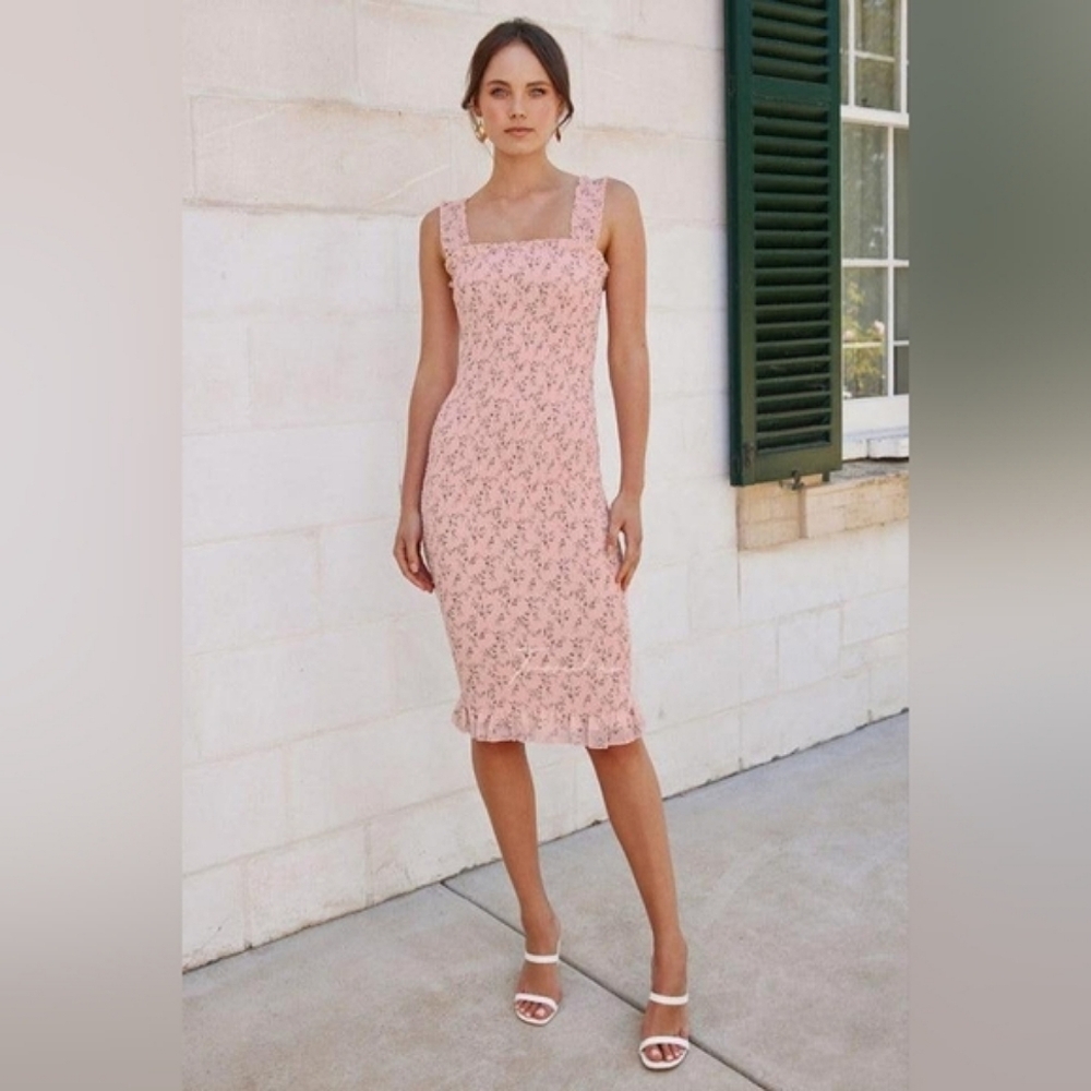 Two sisters The Label Mellie Midi Day Dress Petal Pink Ditzy Floral Print Sz 6